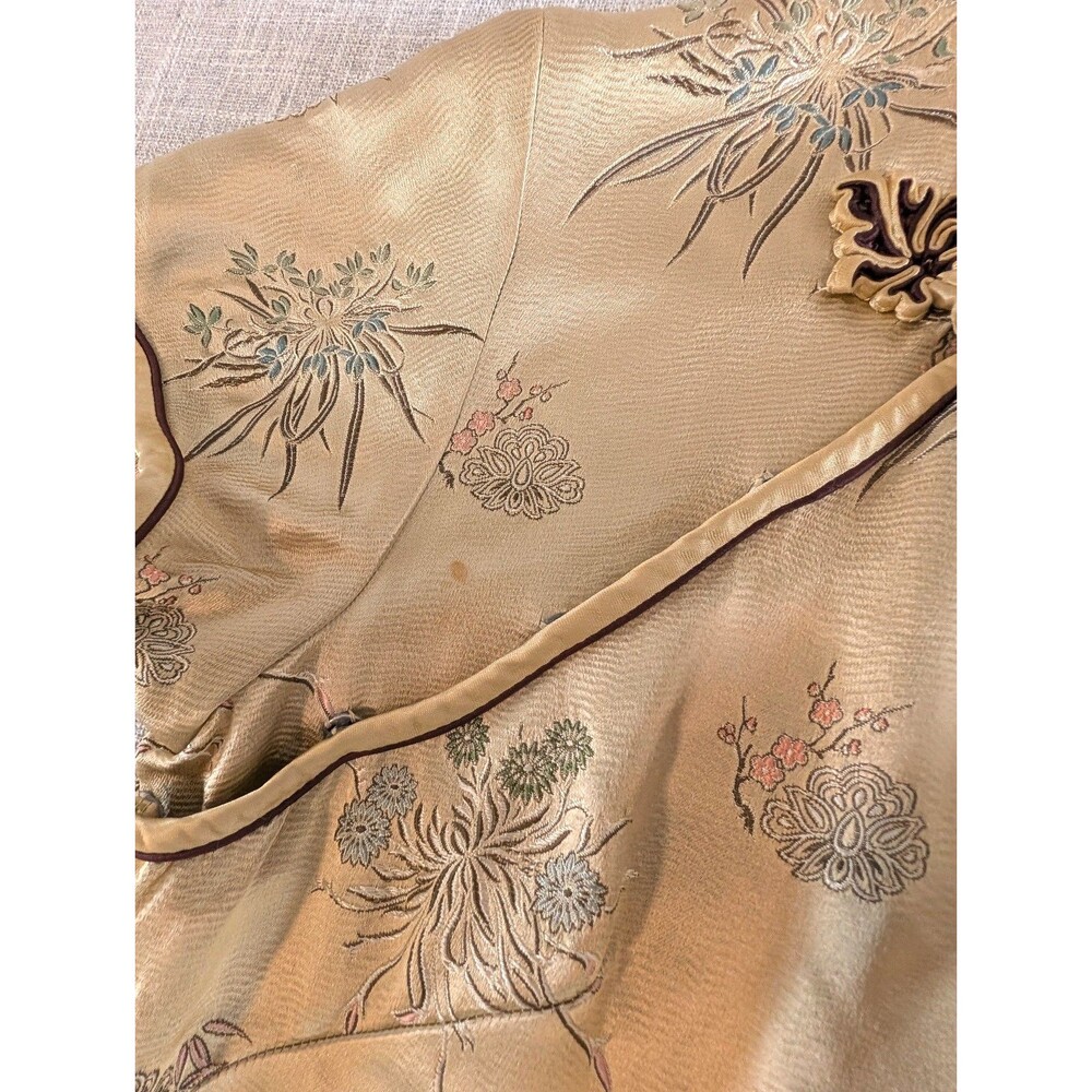 Vintage Silk Jacquard Qipao Cheongsam Dress Champagne Gold Chinese Dress Elegant - Picture 11 of 13